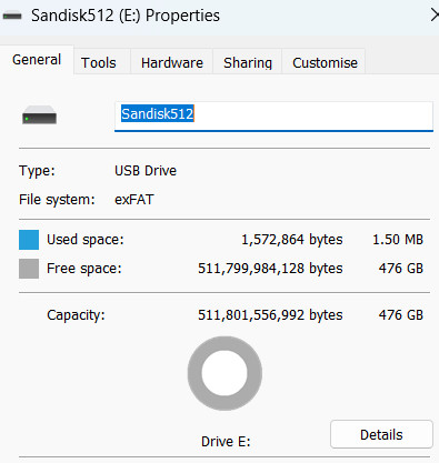 Windows drive properties showing Sandisk512 (E:), exFAT file system, 476GB free of 476GB capacity